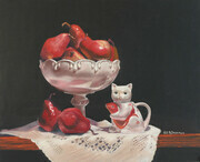 COMPOTE WITH PEARS AND TEAPOT, PASTEL, 20 X 20