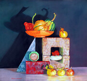 STILL LIFE WITH GOURDS AND APPLES, PASTEL, 20 X 20