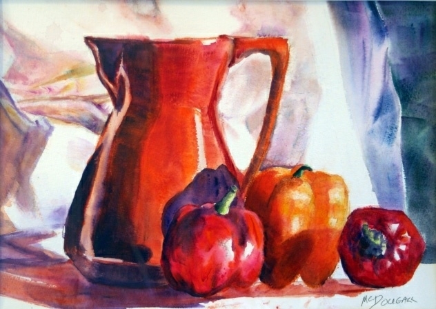 PEPPERS AND ORANGE JUG, ACRYLIC, 11X14